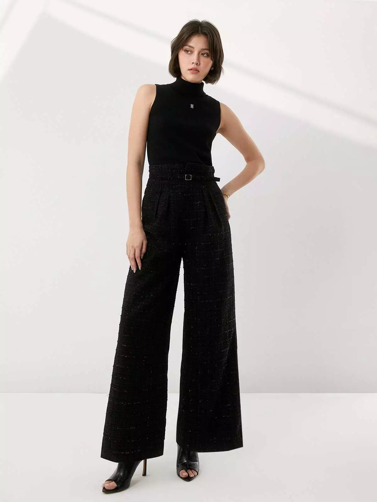 Belted Tweed Straight Pants - Black