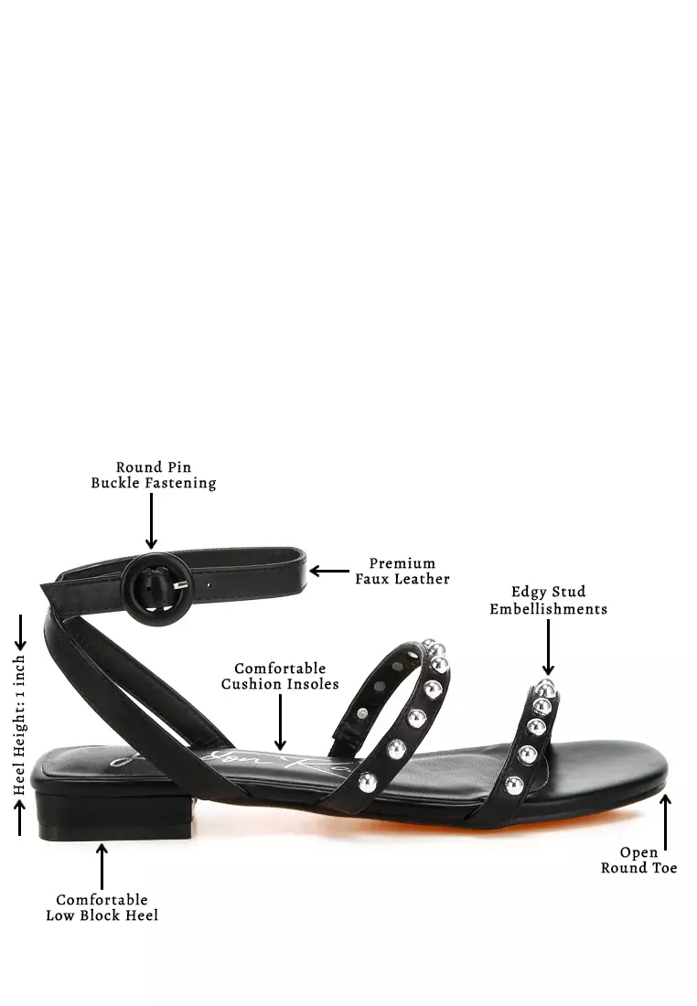 Studded Ankle Strap Flat Sandals in Black