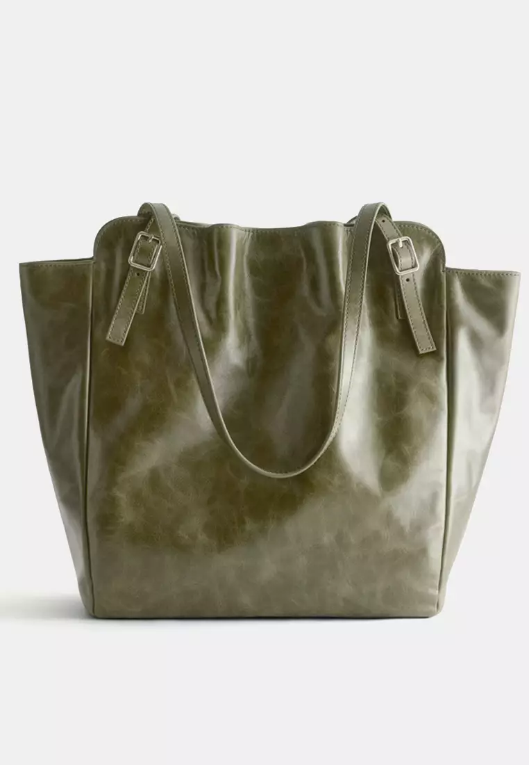 Buckle-Strap Leather Tote Bag