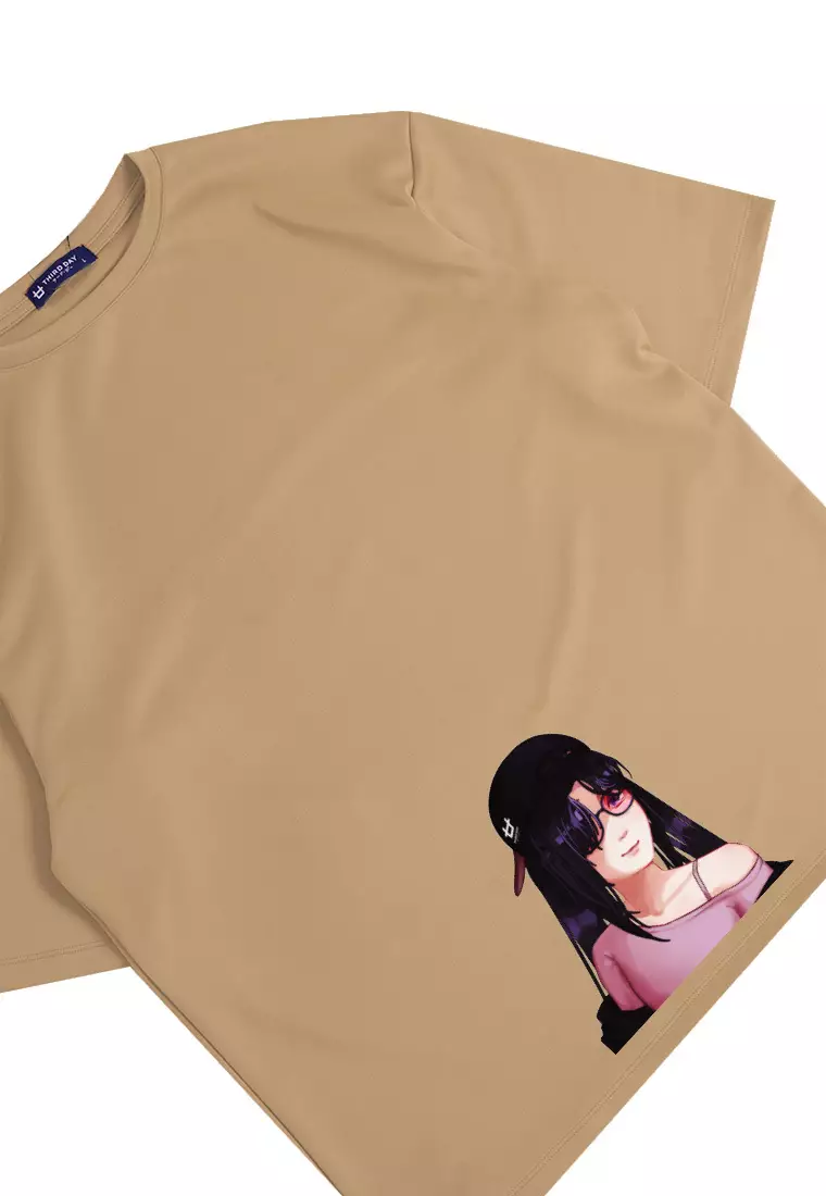 MTO68 kaos oversize gambar wanita wajah anime kartun manga bahan scuba tebal distro third day khaki