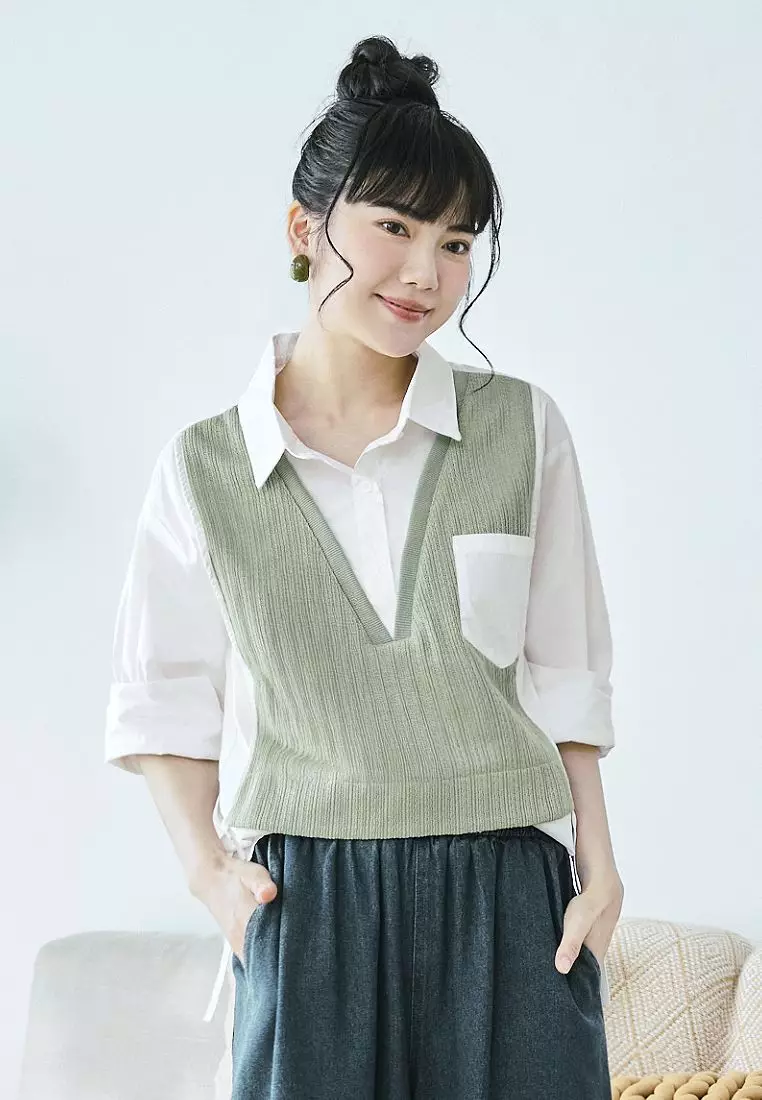 Loose Fit Layered Knit Vest Shirt Tunic – Casual Long Sleeve Oversized Top [AB20081]