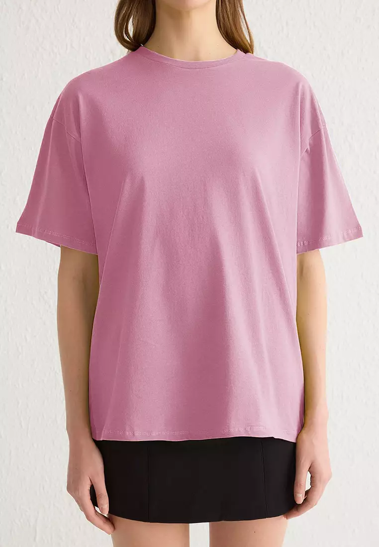Light Pink 100% Cotton Crew Neck Oversize/Wide Pattern Knitted T-Shirt Twoss20Ts0134