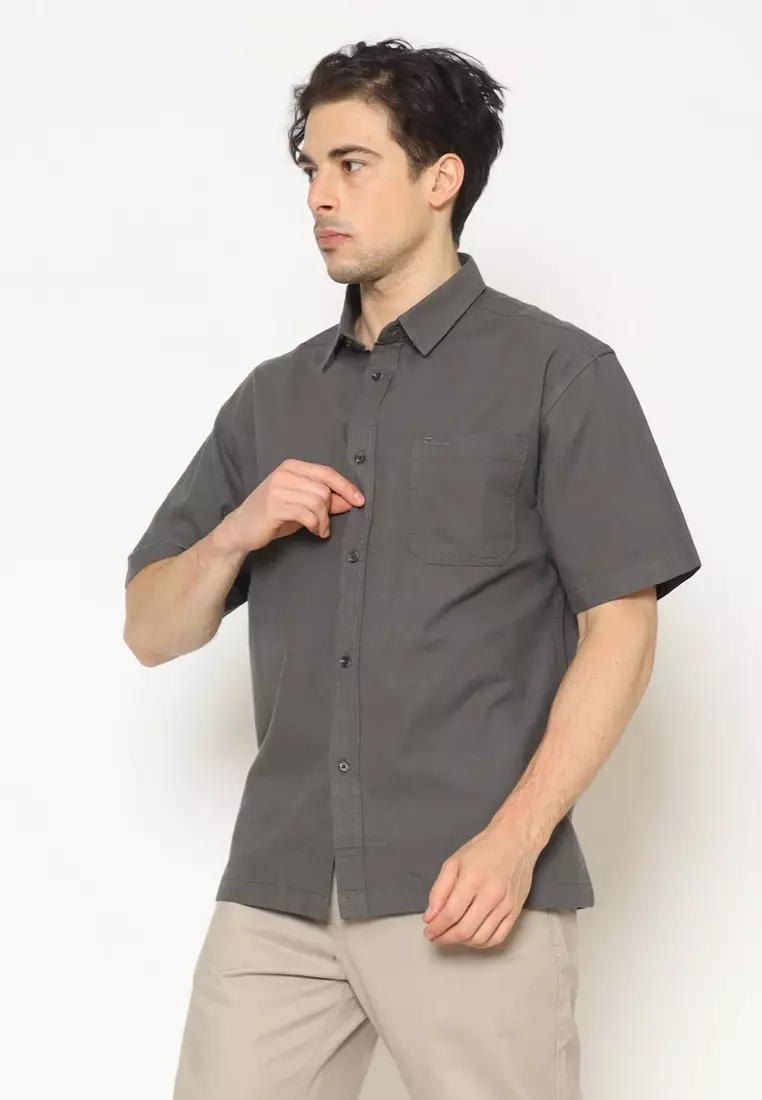 POLICE Kemeja Polos Relaxfit Cotton Slub Abu Pria