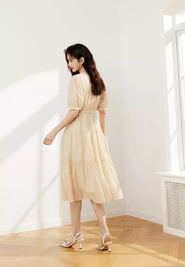 Pleated Button-Front Puff Sleeve Dress