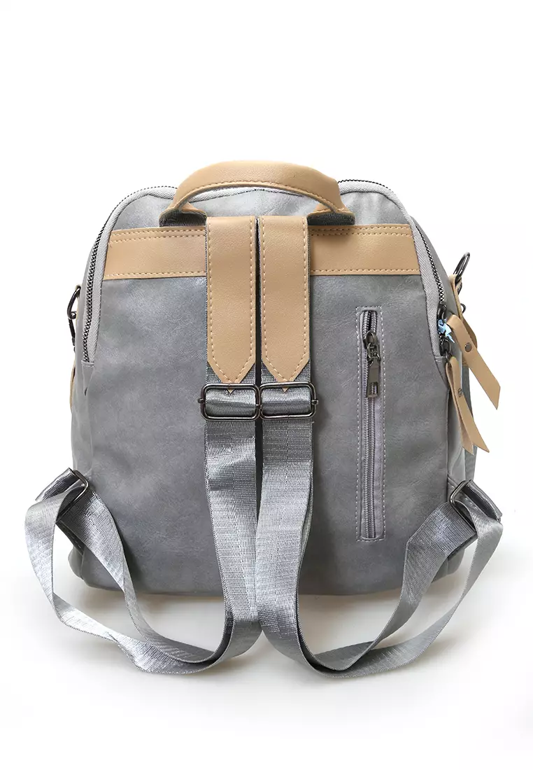 Afra Tas Ransel Wanita Large Compartment Backpack Desain Polos Material Leather ORIGINAL - Gray