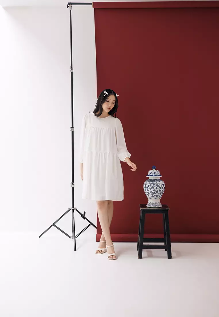 Sakura Long Sleeve Tier Dress in White
