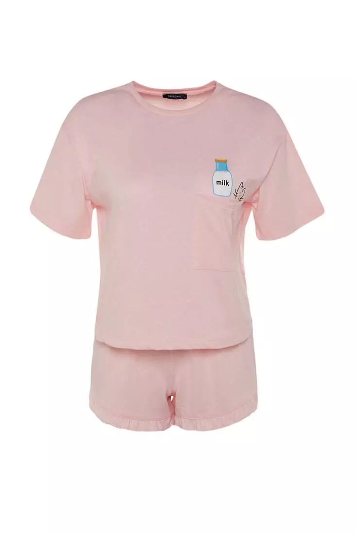 Graphic Plain with Frill Detail Pajamas Set