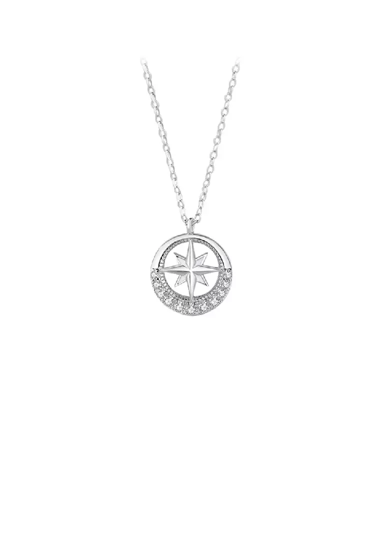 925 Sterling Silver Fashion Temperament Eight pointed Star Hollow Round Couple Pendant with Cubic Zirconia and Necklace