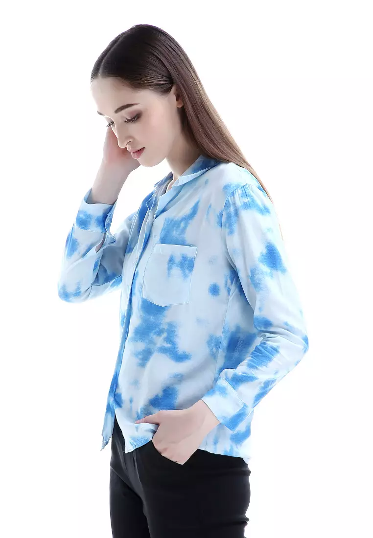 Oakley Long Shirt Tie Dye Design Simple Kemeja Atasan Wanita - Biru
