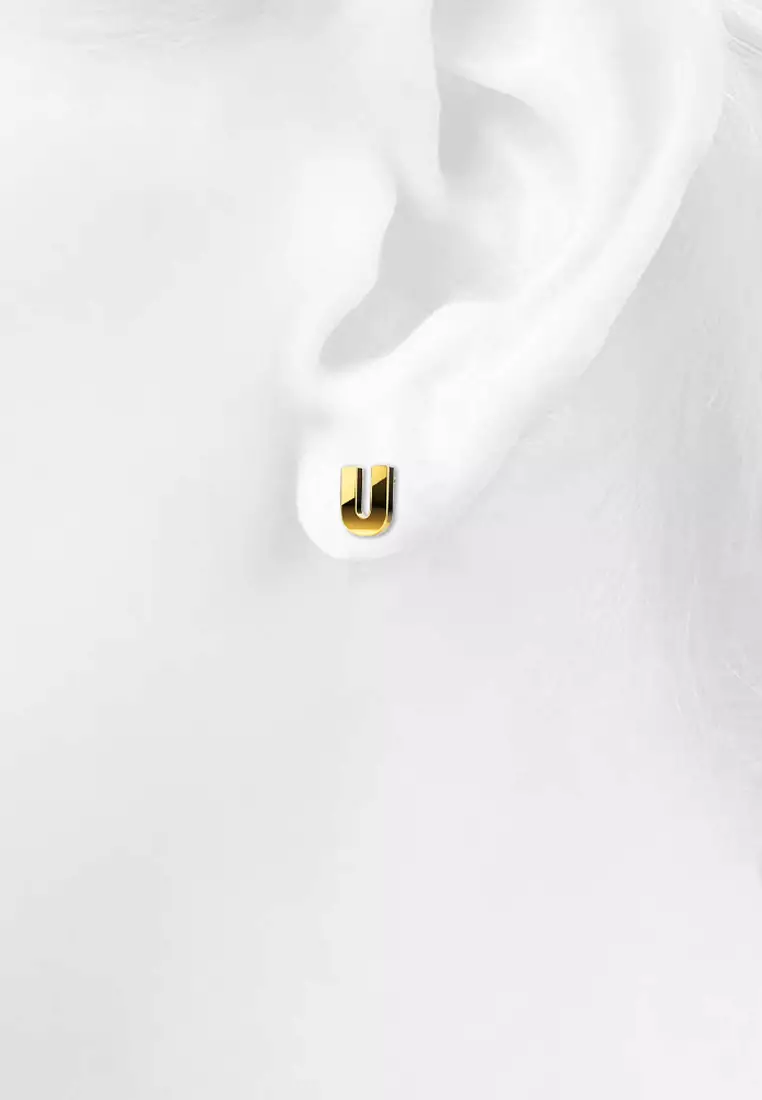 Bold Alphabet Letter Initial Charm Earrings in Gold Tone - U