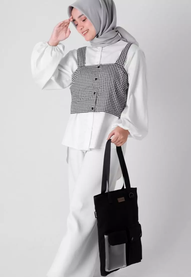 Tote Bag Tas Wanita Bahan Kanvas Penutup Resleting Carry Series Hitam