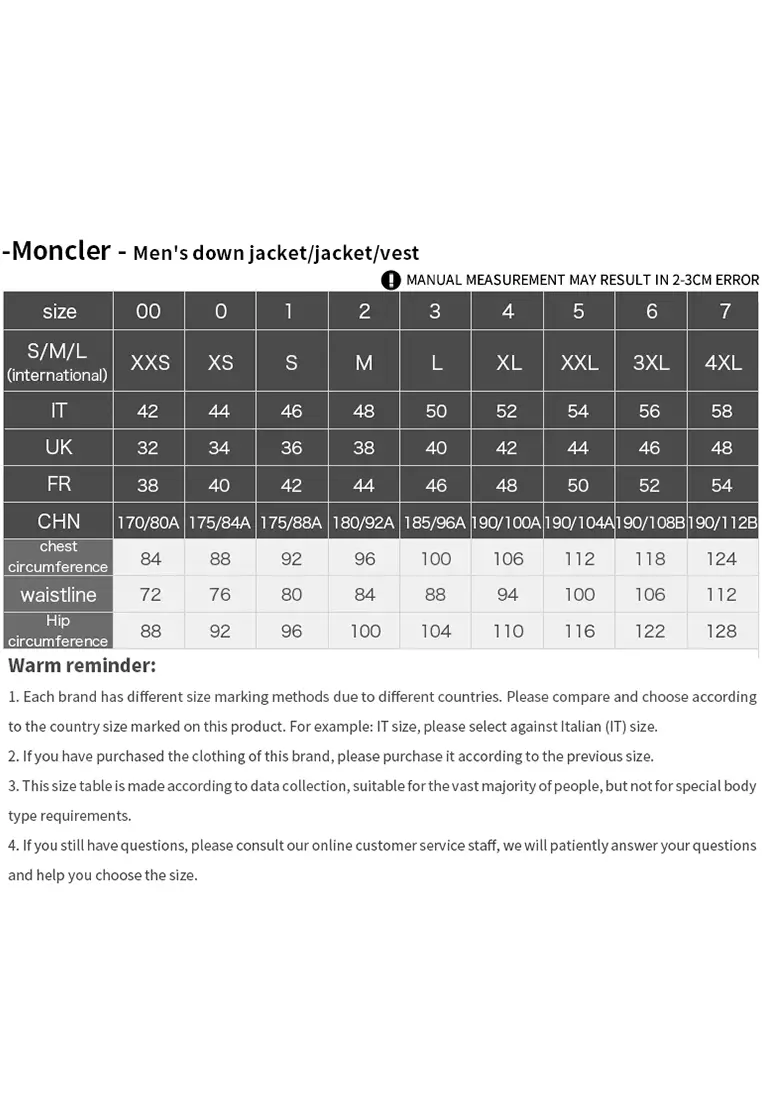 Moncler coat size chart hot sale