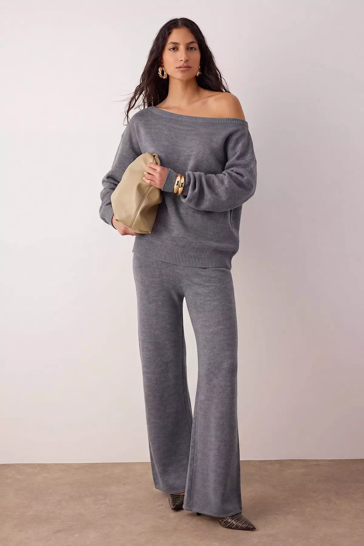 Anthracite Boat Neck Sweater-Pants Knitwear Set - Top And Bottom Twoaw26Au00043