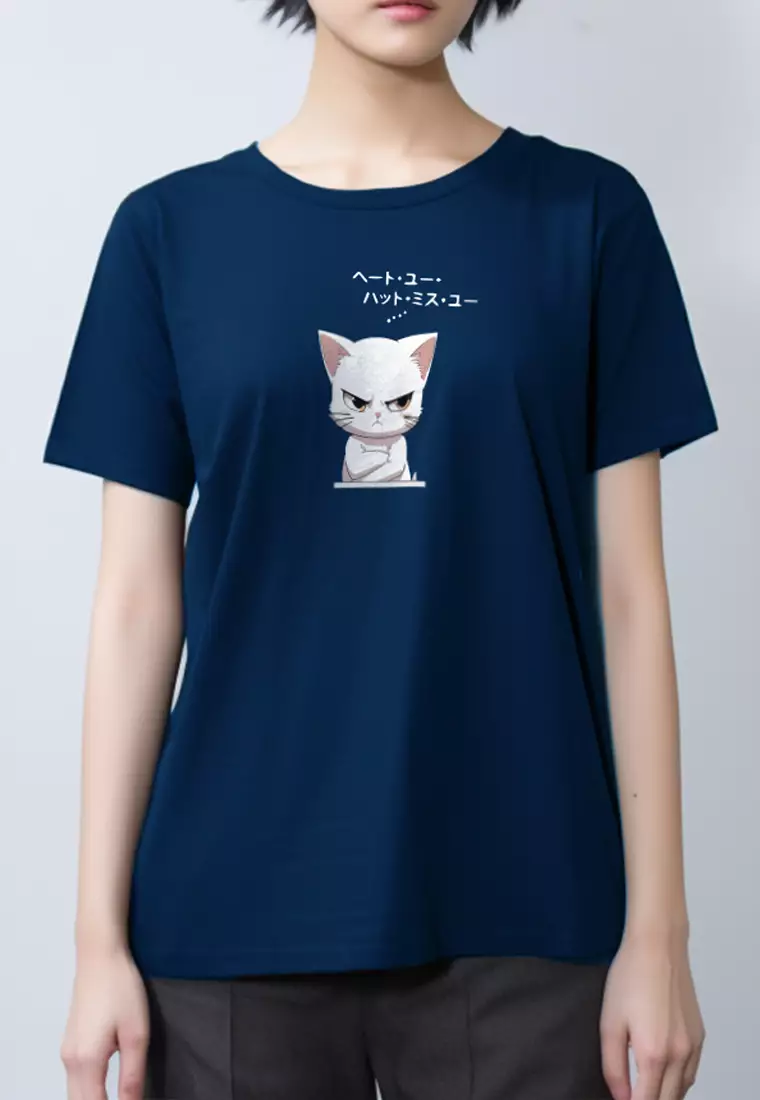 LTG67 Kaos Gambar Kucing Tangan Pendek Wanita Instacool "cat quote" navy