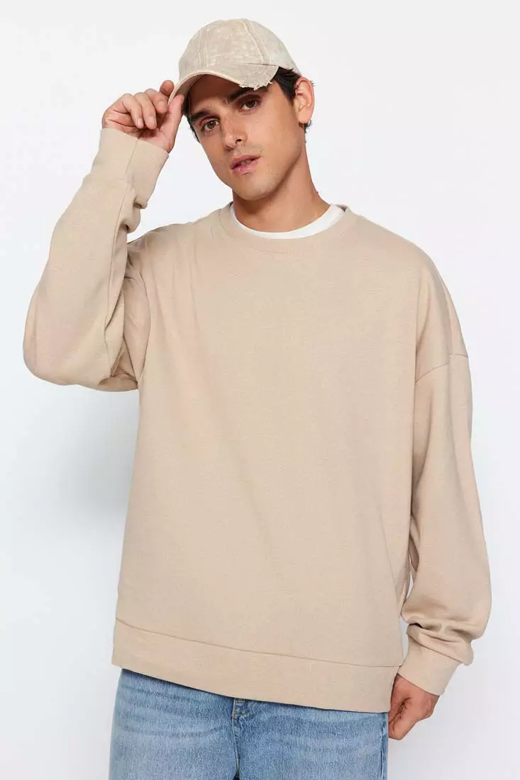 Beige Men s Basic Oversize Wide Cut Crew Neck Soft Brushed Thessaloniki Sweatshirt