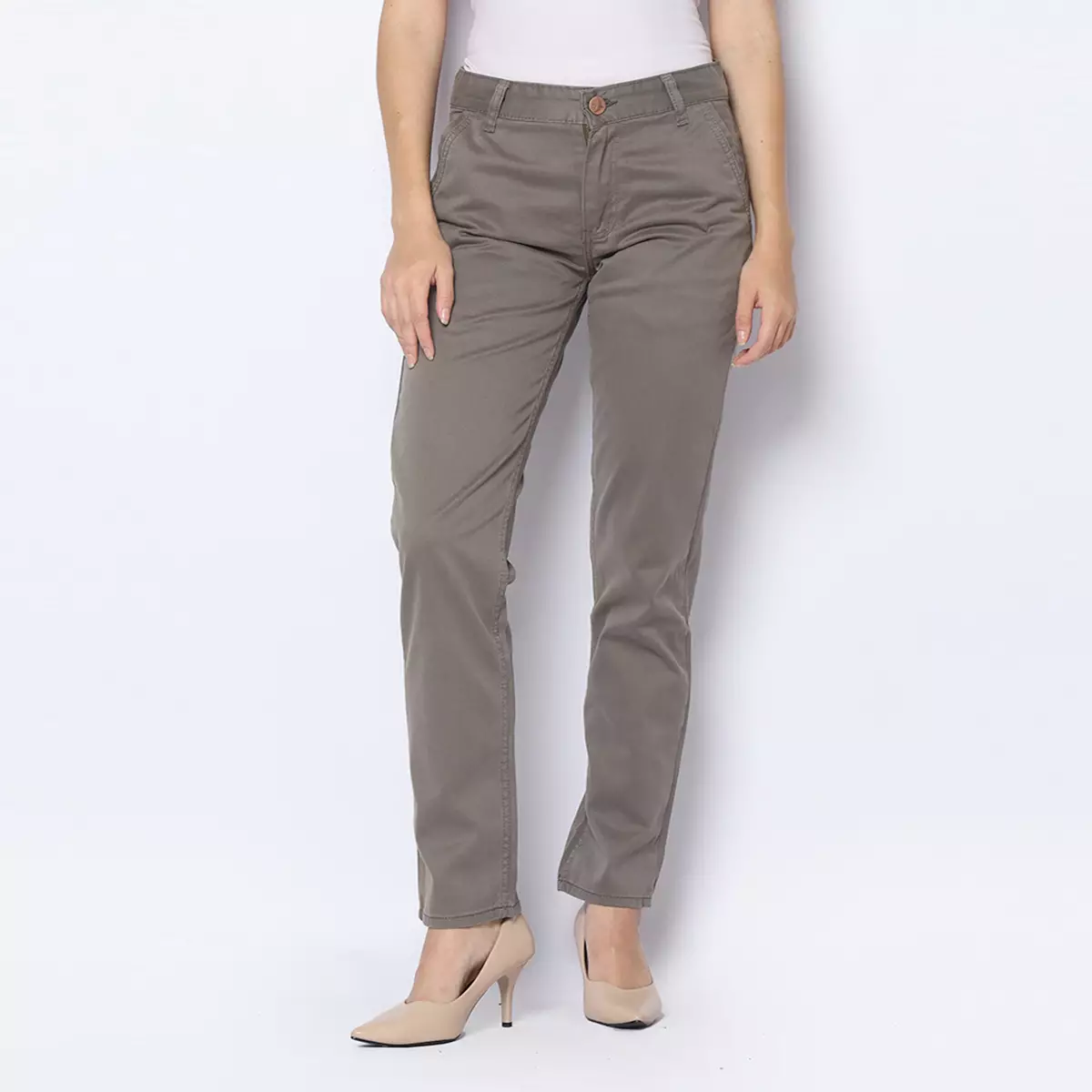 Twill Celana Panjang Wanita Slim Fit Cheerful Abu Muda 222503