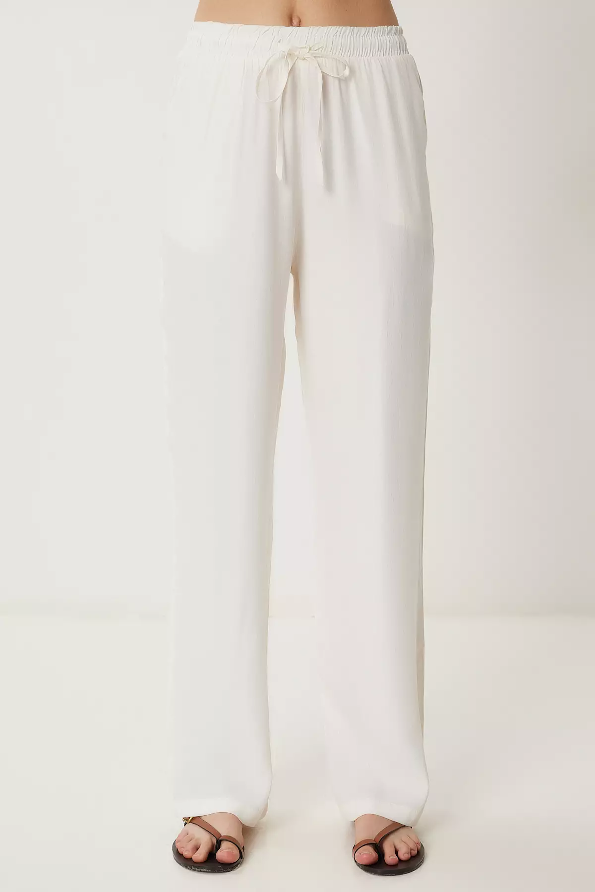 Women's Ecru Patterned Summer Viscose Trousers Wf00110