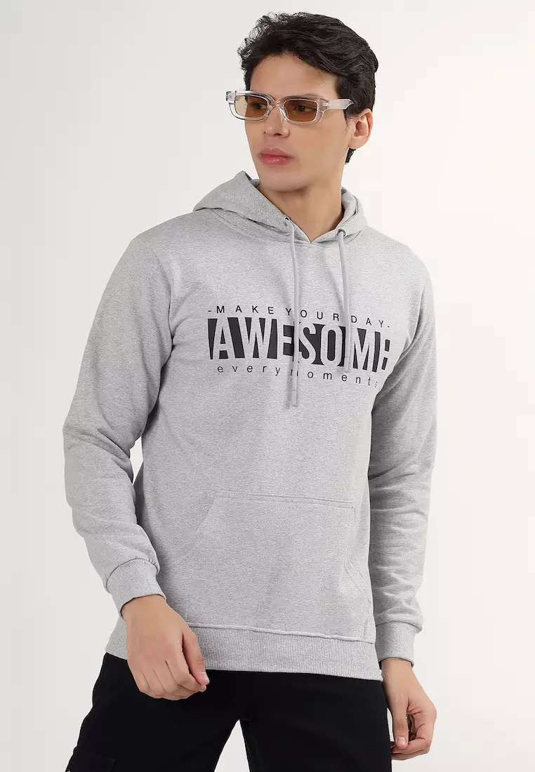 男士 Awesome Moment 橡胶印花棉质宽松连帽衫，灰色，适合训练、慢跑、高端外观、舒适穿着