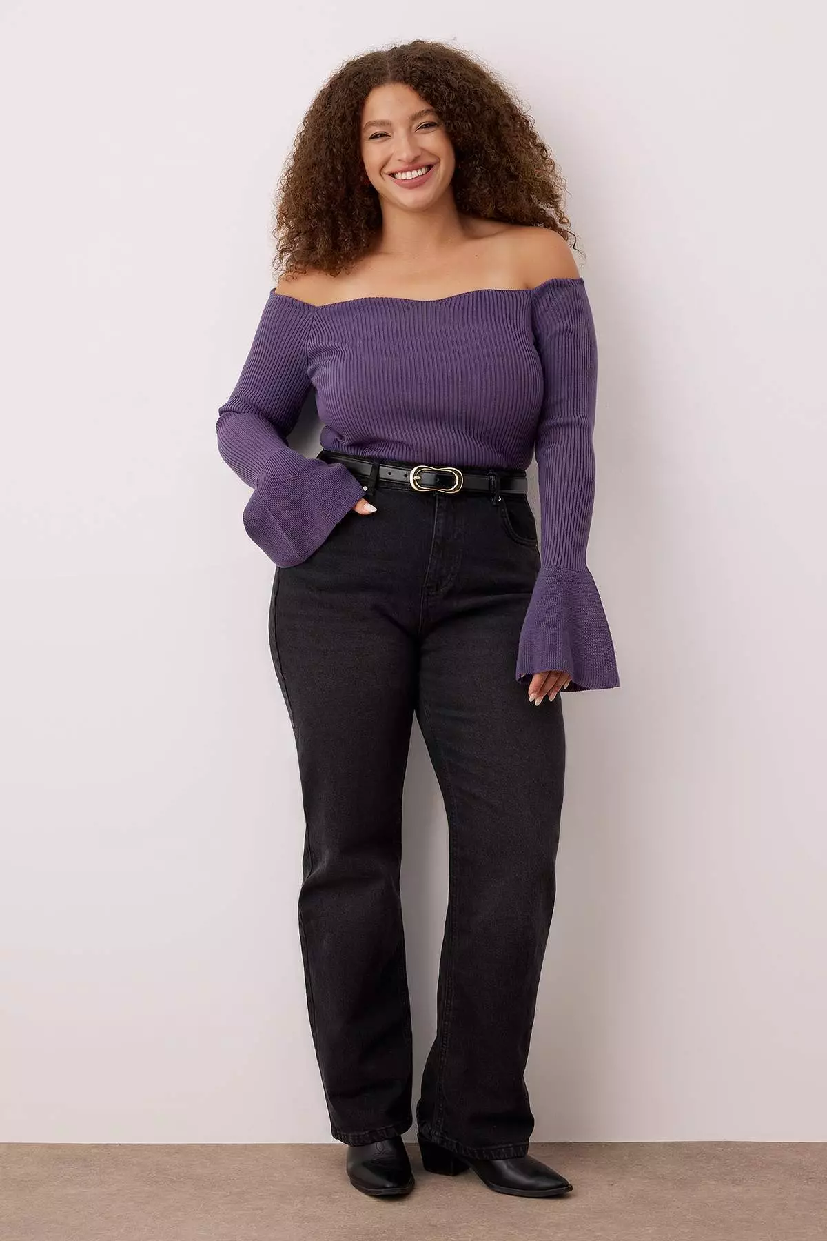 Purple Ribbed Carmen Collar Sweater Sweater Tbbaw26An00031