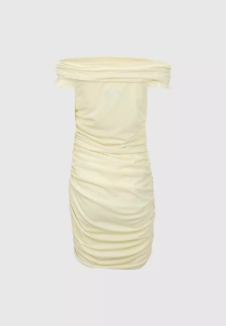 UR夏季新款女装魅力氛围感褶皱一字露肩连衣裙UWG740129