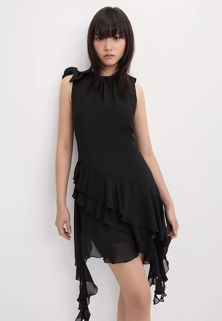 Asymmetrical Hem Bow Ruffle Dress