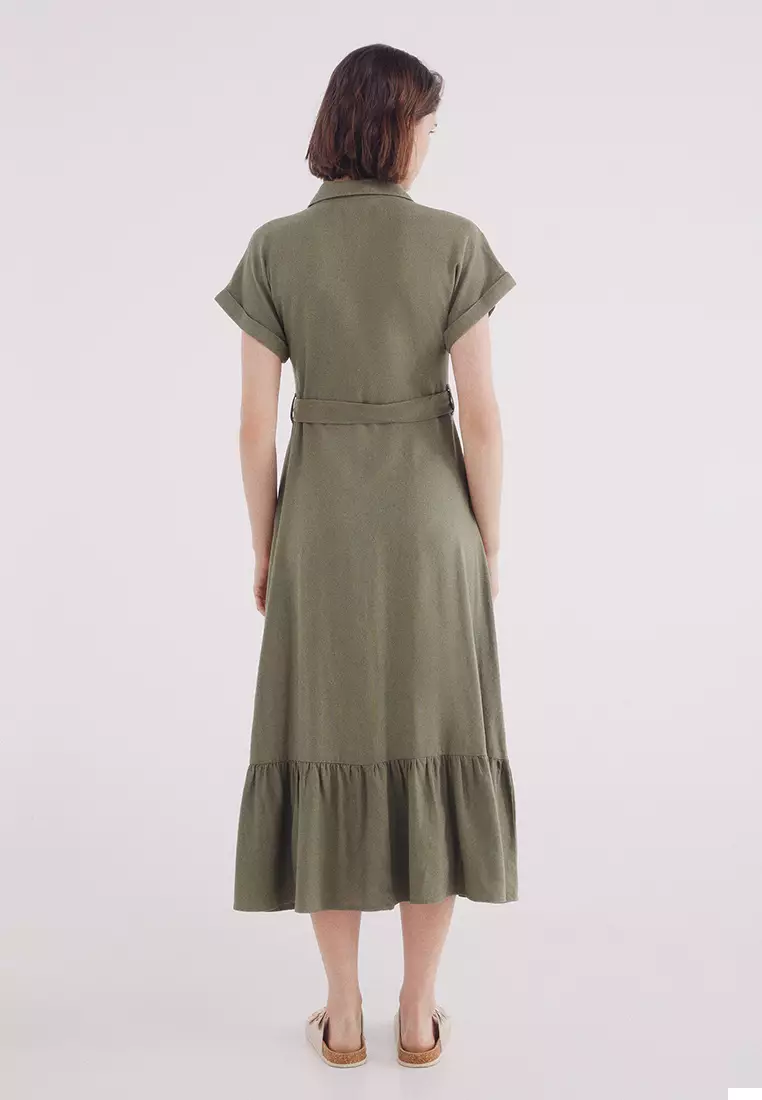 Shirt Midi Dress with Belt in Linen Blend