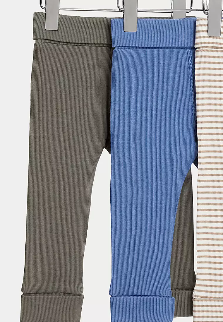 3pk Cotton Rich Plain & Striped Leggings