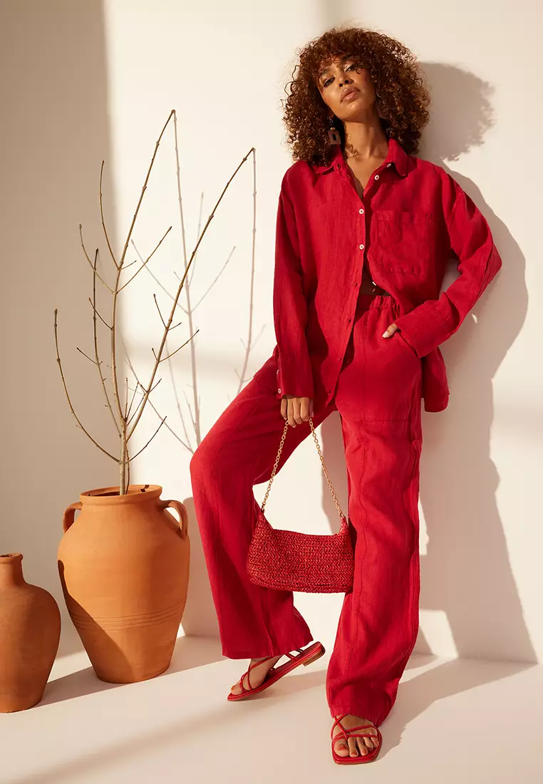 Red 1% Linen Pocket Detailed Oversized Shirt Twoss26Go39