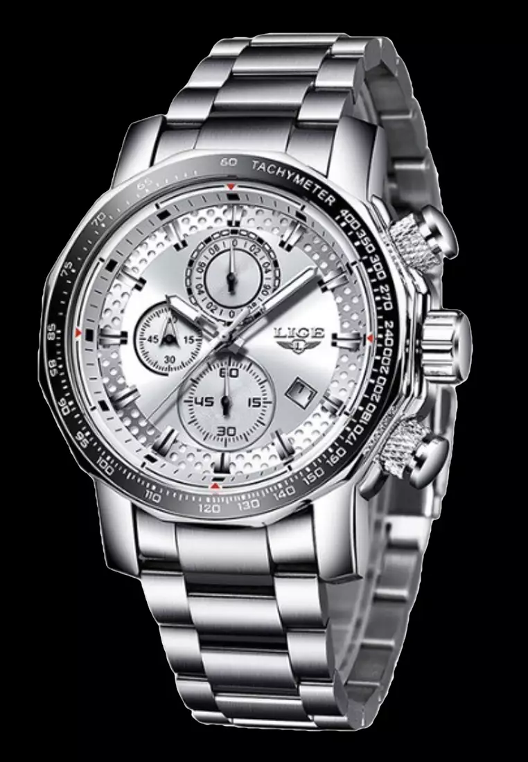 Chronograph Unisex Stainless Steel Quartz Watch, Black Bezel, White dial on Steel Bracelet