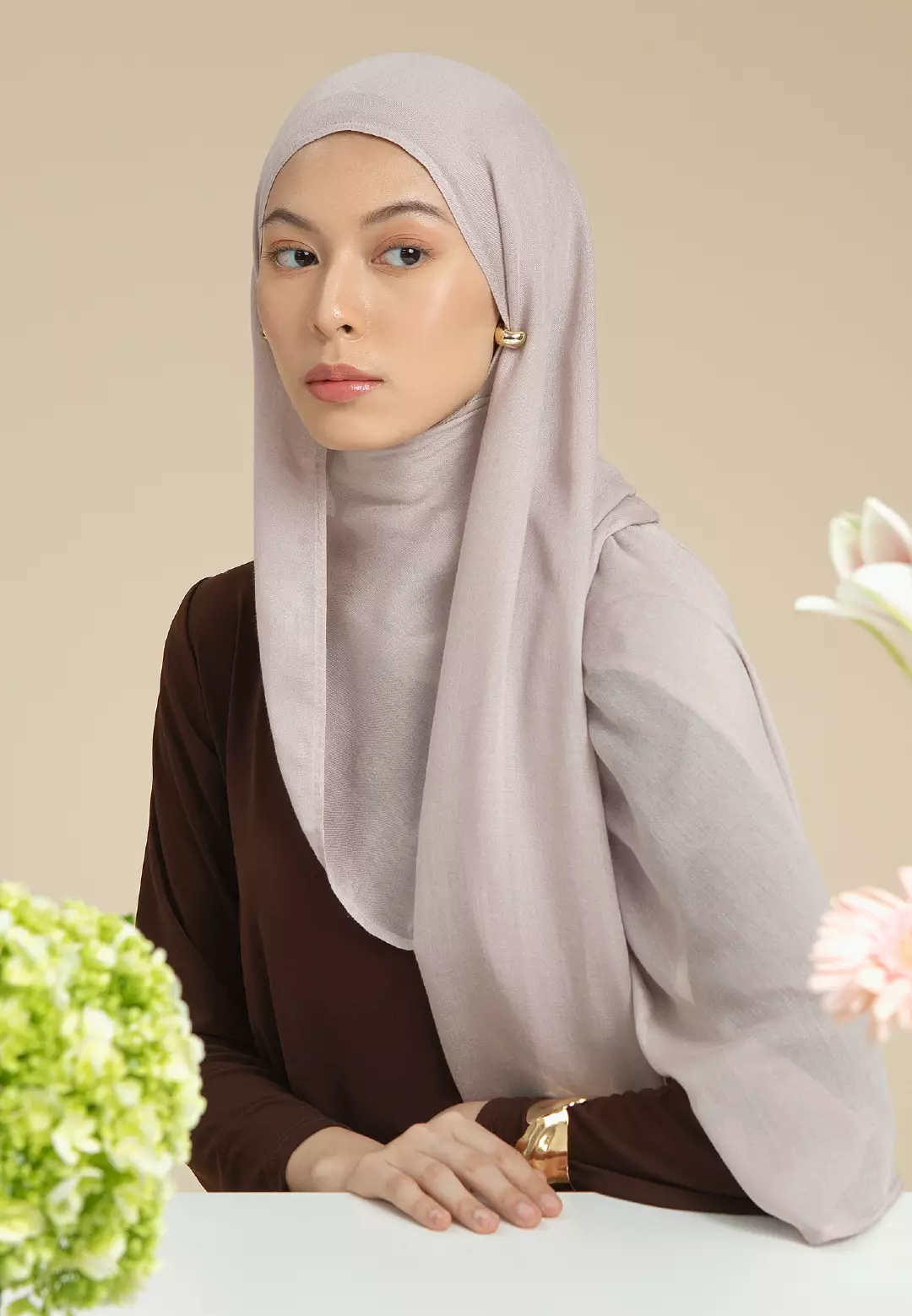 HijabChic Safara Taupe Viscose Pashmina - Pashmina Viscose Shawl Premium