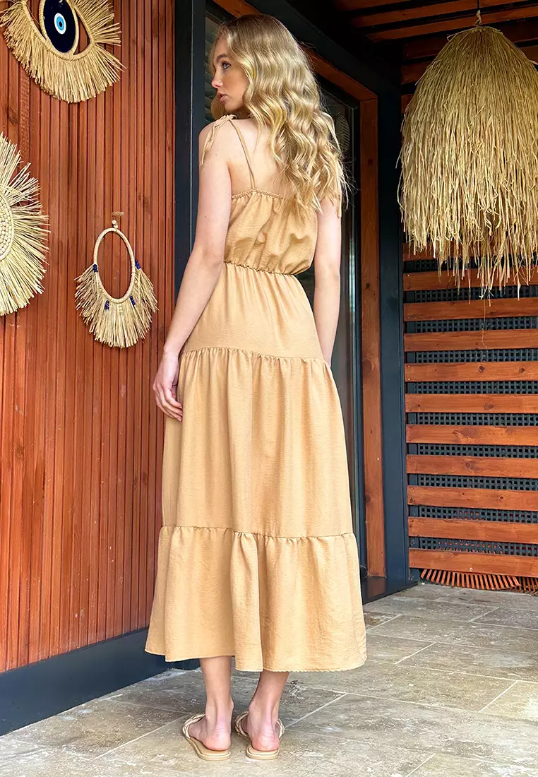 Women's Dark Beige Layered Flounce Strap Midilength Dress With Bead Accessories Alc-X12333