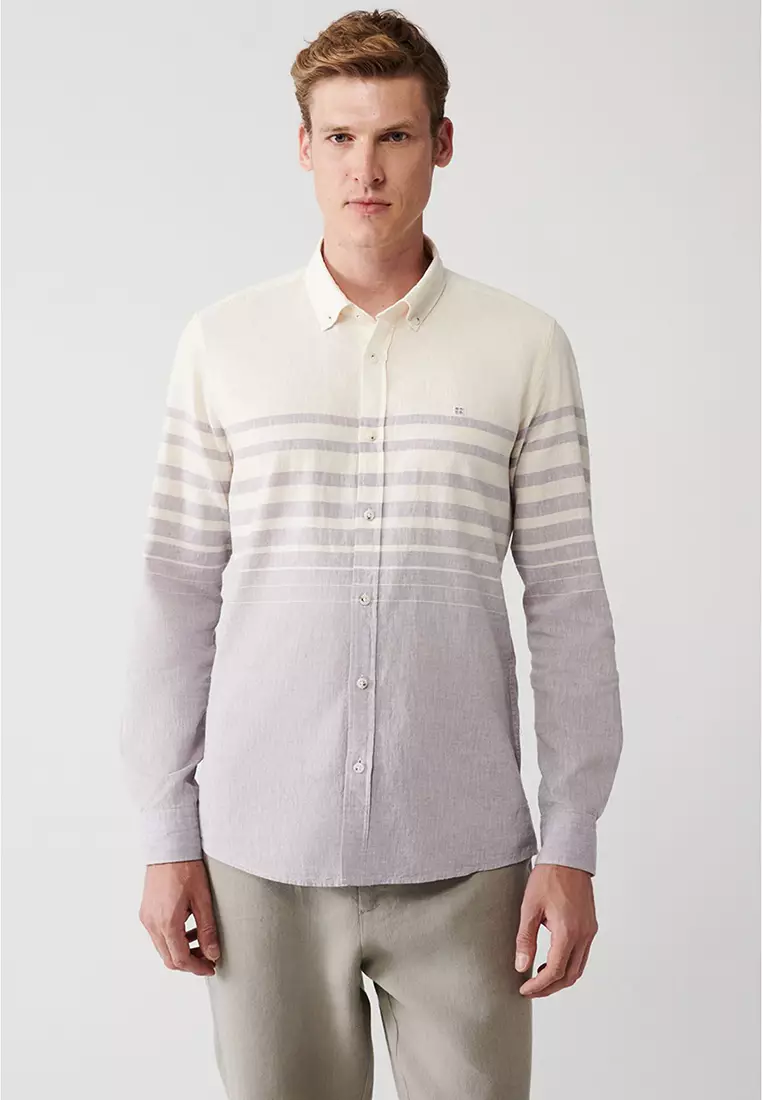 Men's Light Purple Cotton Linen Blended Striped Shirt A31Y2268