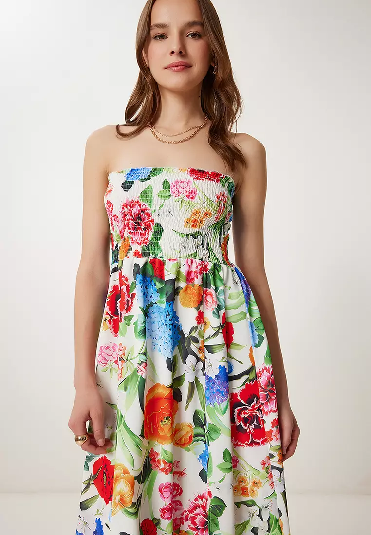 Women's Pink Bone Flower Pattern Strapless Woven Dress Jh00057