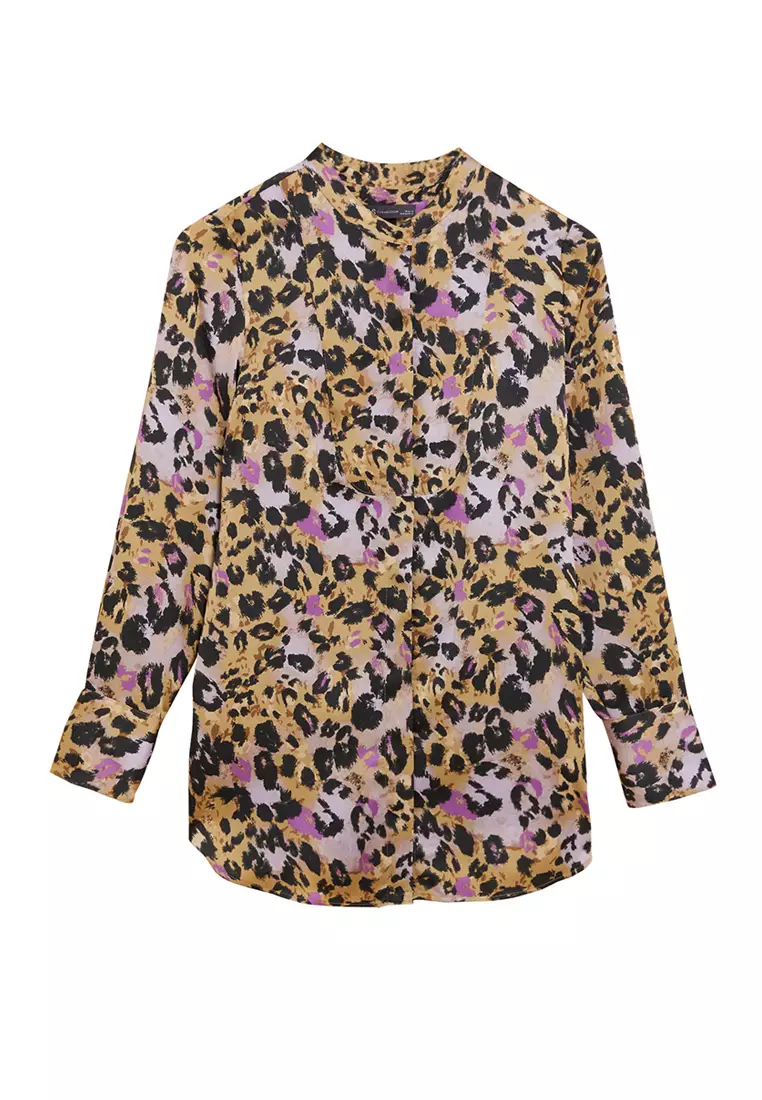 Animal Print Collared Bib Detail Shirt
