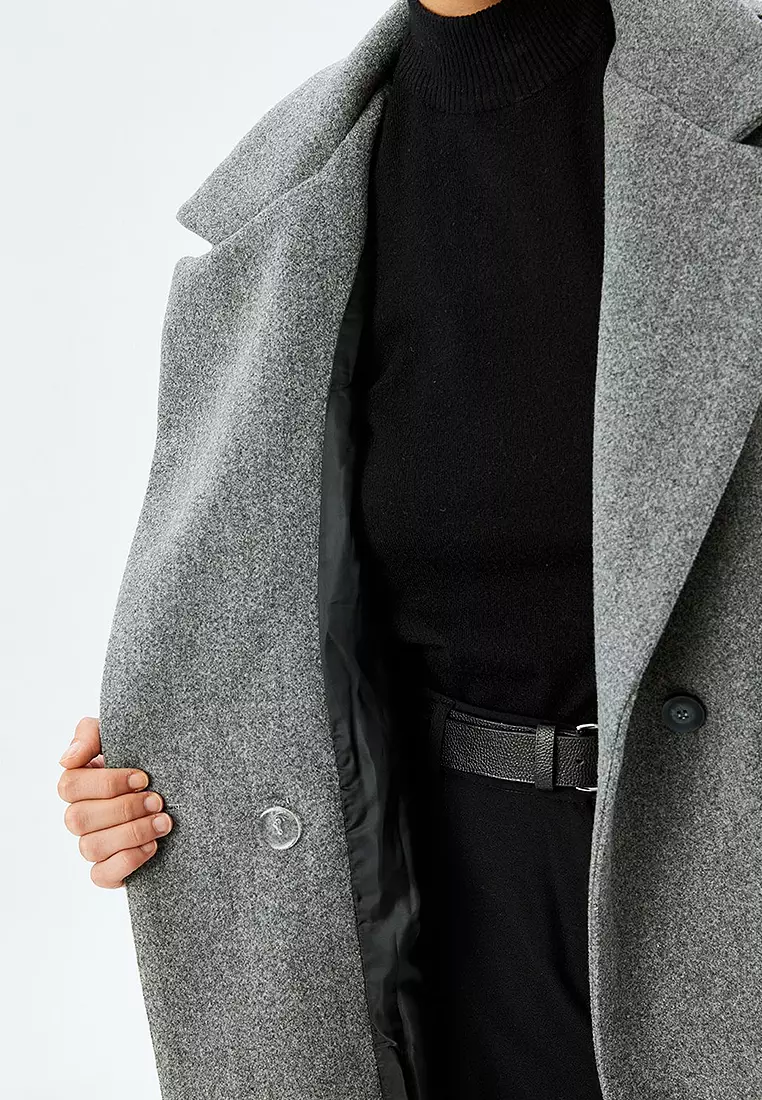 Long Cashmere Coat with Flap and Double Pocket Detail