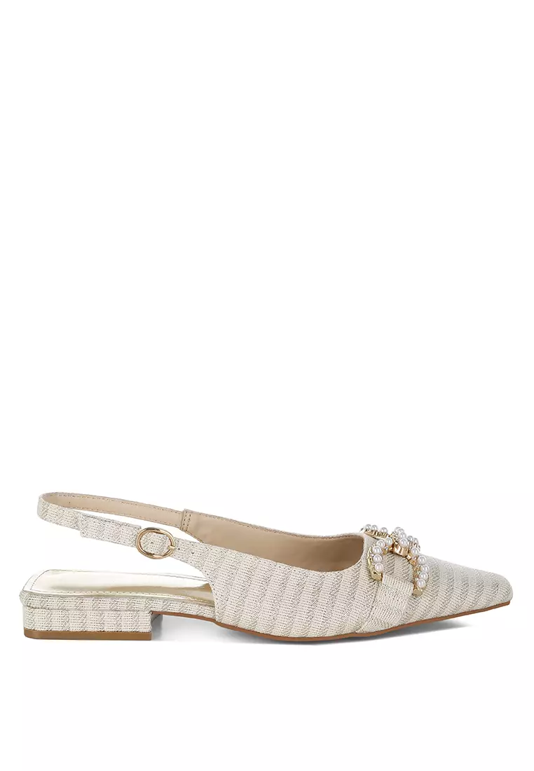 Discount on London Rag  shoes - SKU: Pearl-Detailed Horsebit Woven Flats In Gold