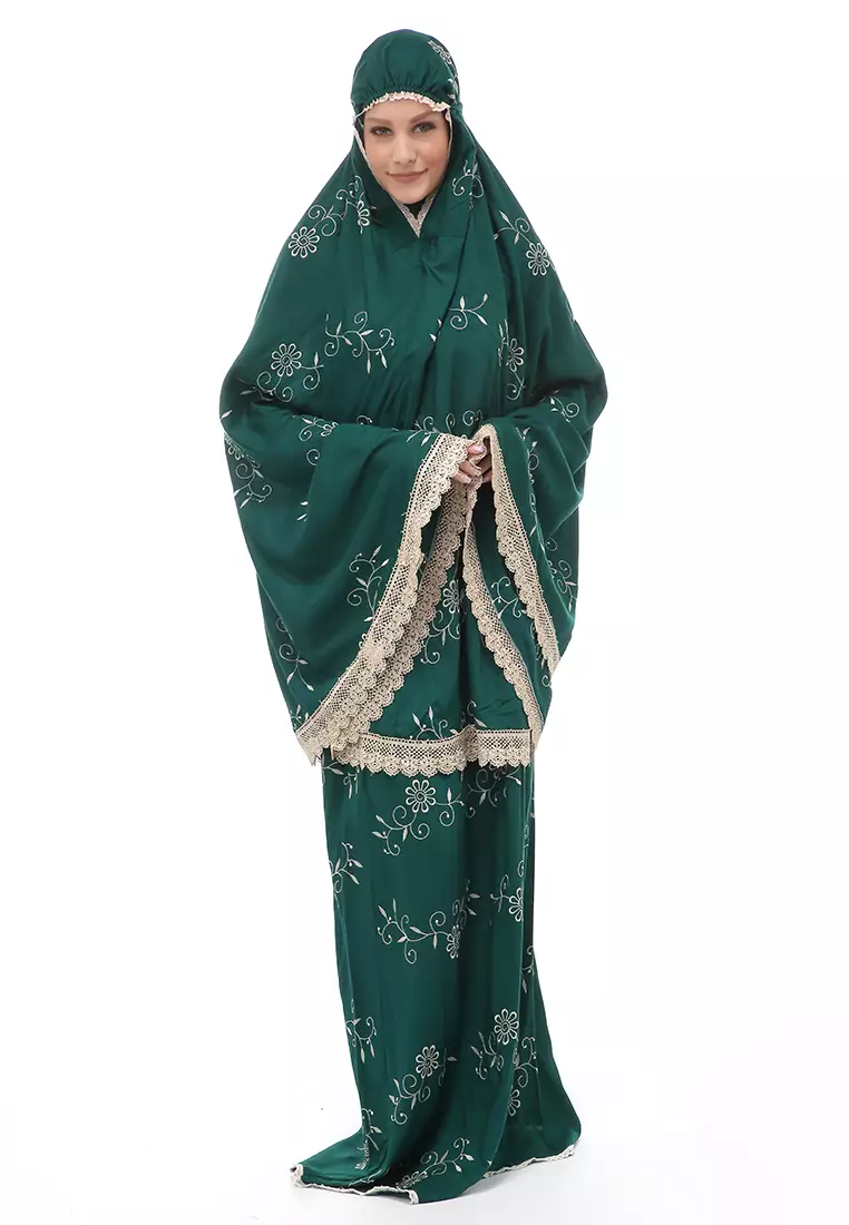 Hanjani Mukena Muslimah Atasan Bawahan Wanita Motif Bunga Relaxed Fit - Hijau Botol