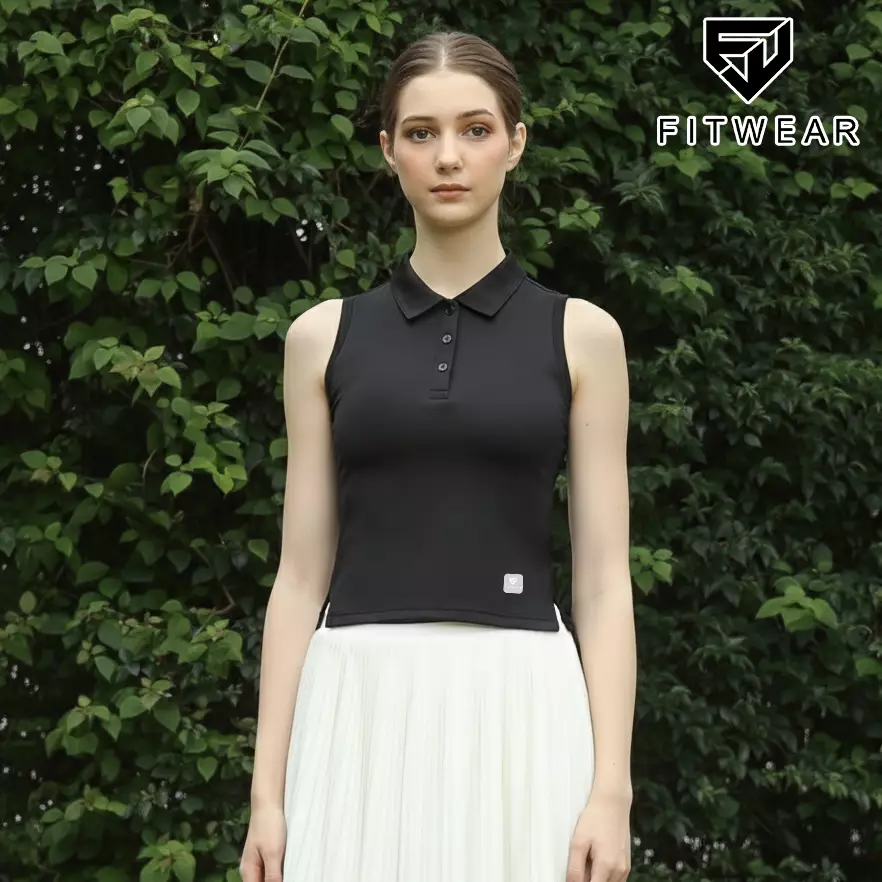 Fitwear Kaos Olahraga Padel Tennis Wanita INGRID SLEEVELESS POLO SHIRT - BLACK