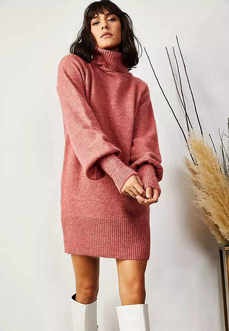 Turtleneck Balloon Sleeve Loose Knitwear Dress