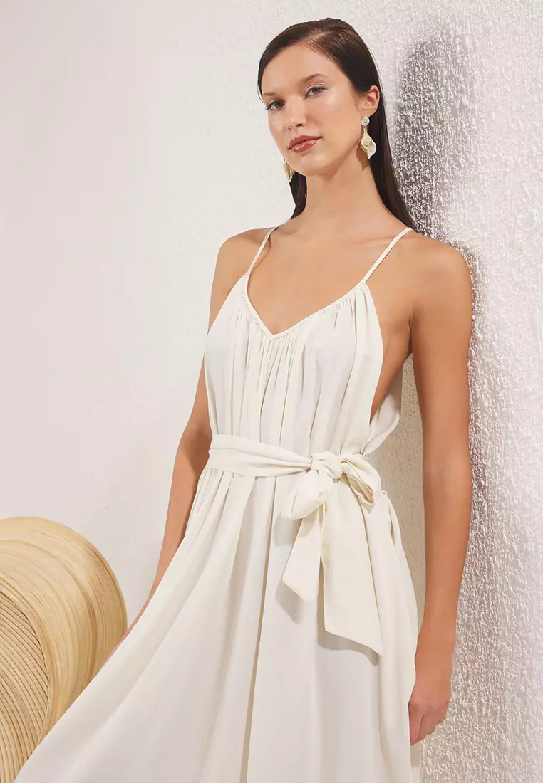 Beige Maxi Woven Belted Beach Dress Tbess25El00086