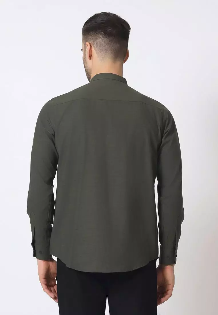 Cotton Well Moeen Shirt Army | Kemeja Koko Oxford Slub Lengan Panjang Hijau