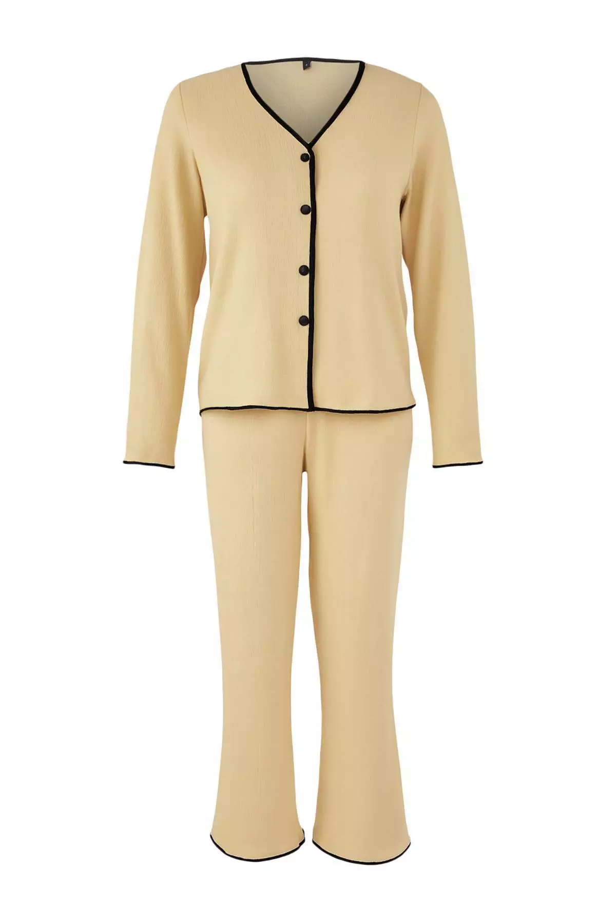 Beige Buttoned And Piping Textured Crepe Knit Pajama Set Thmaw26Pt00097