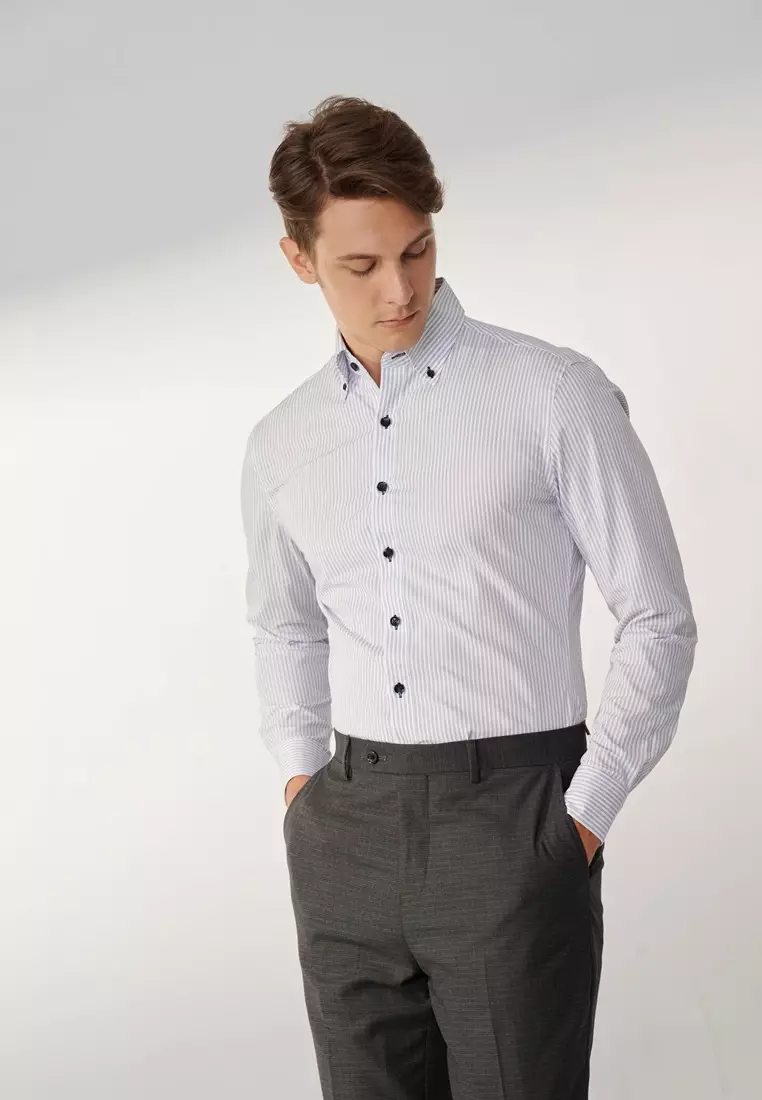 Navy Blue Striped Classic Fit Shirt