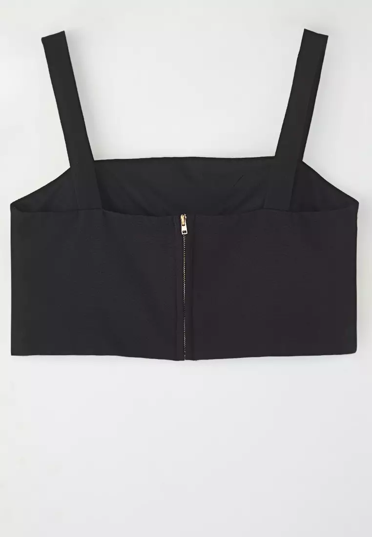 Black Strappy Crop Square Neck Woven Blouse Twoss25Bz00523