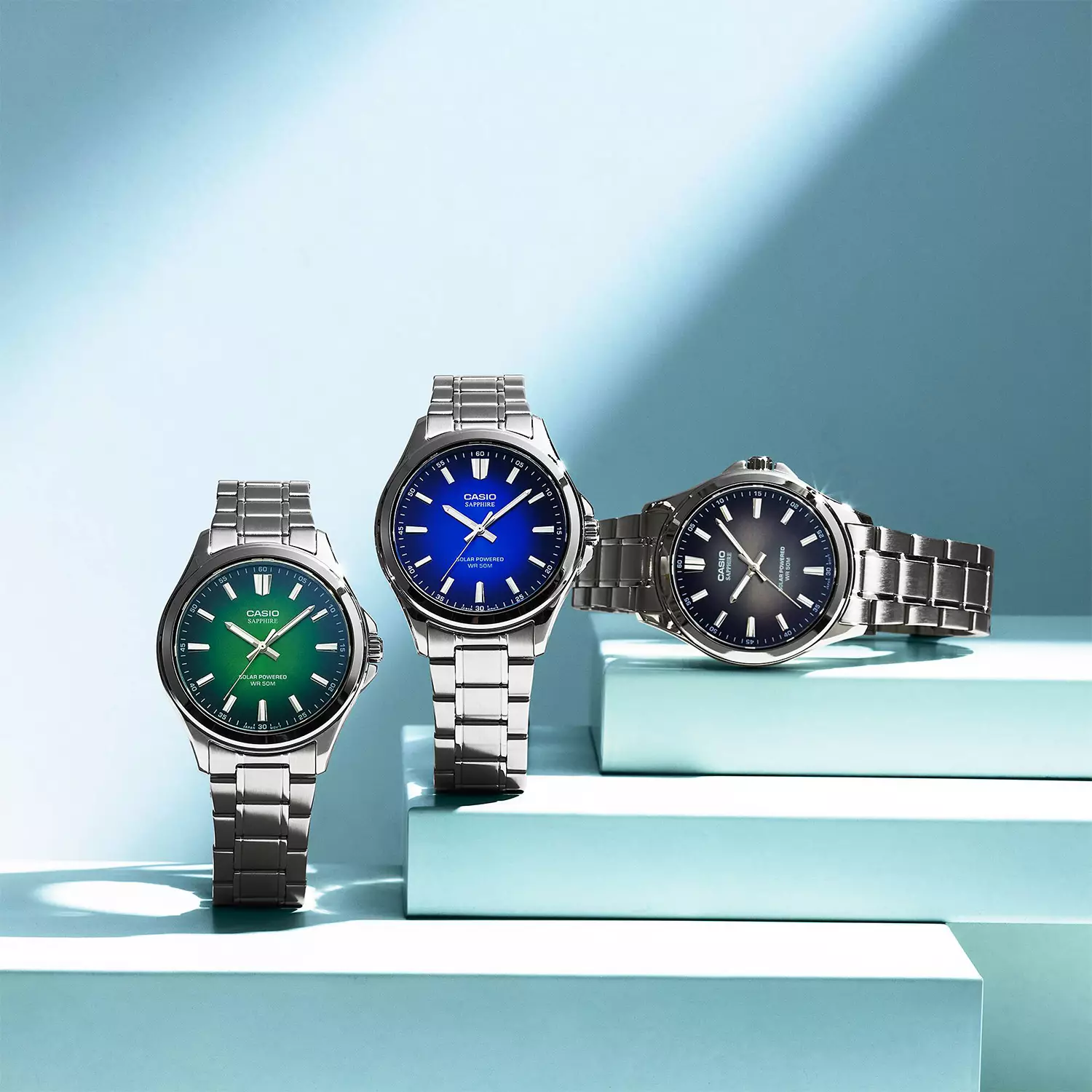 Casio Sapphire Glass - Solar Powered - Jam Tangan Analog Pria - Green Dial - All Stainless Steel - MTS-RS100D-3AV