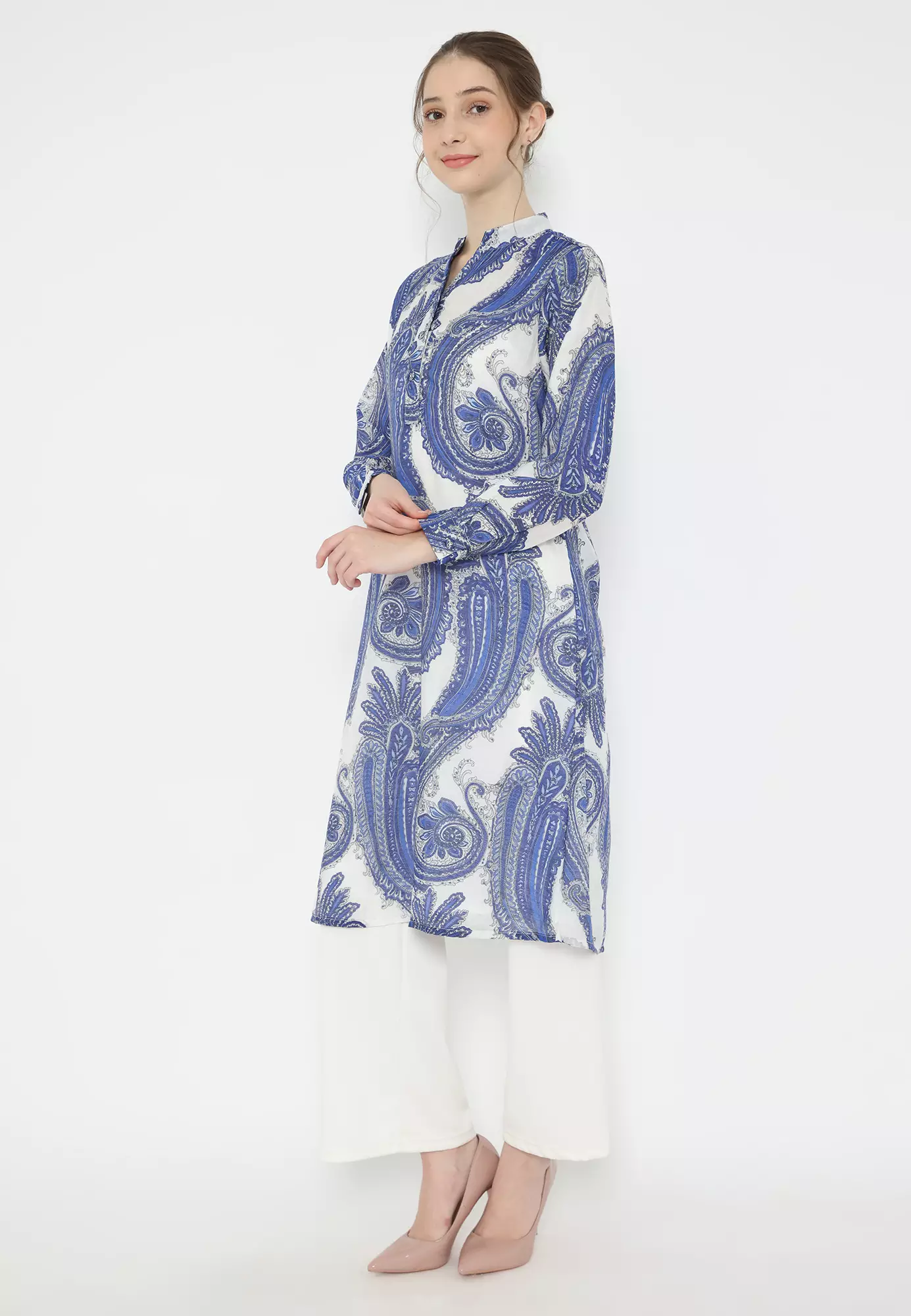 Tunic Silky Blue Paisley Etnik V Neck Long Sleeve Casual By Brilliant Girl Warna Biru Paisley