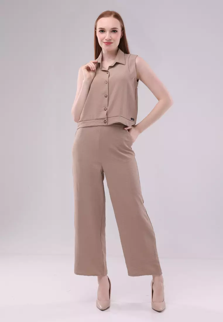 Plain Wrinkled Woven Sleeveless Terno Pants