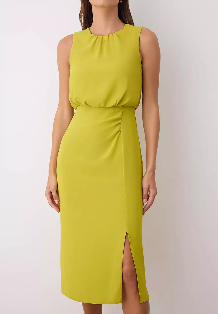 Oil Green Plain Midi Woven Dress Twoss25El00879