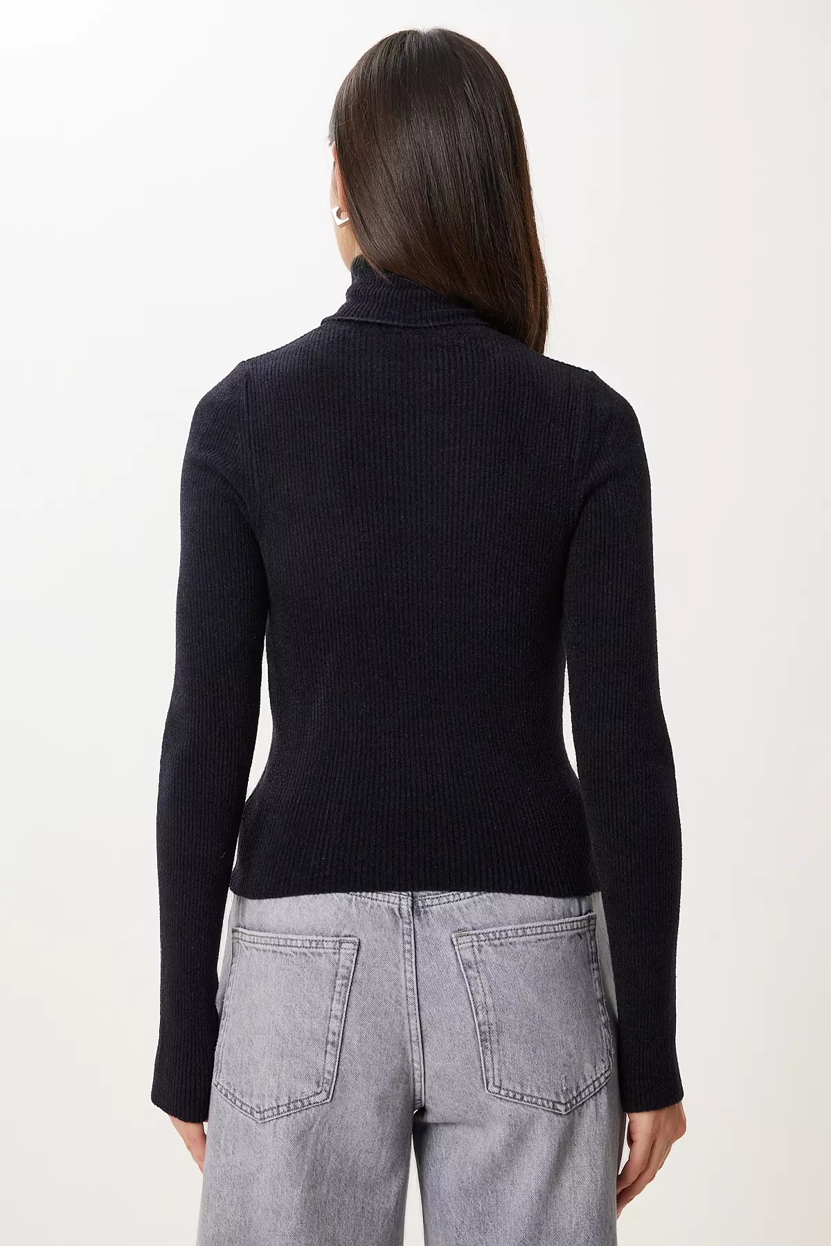 Women's Black Turtleneck Stretchy Ribbed Sweater Ns00460