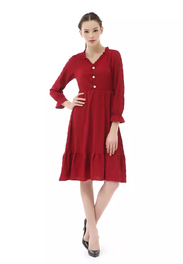 Rachel Dress Kasual Wanita Lengan Panjang Model Simple Material Chiffon ORIGINAL - Red